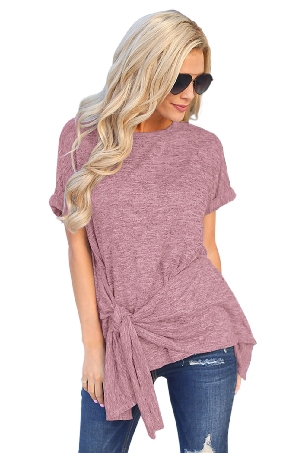 Red Wrap Self Tie Waist Short Sleeve Top