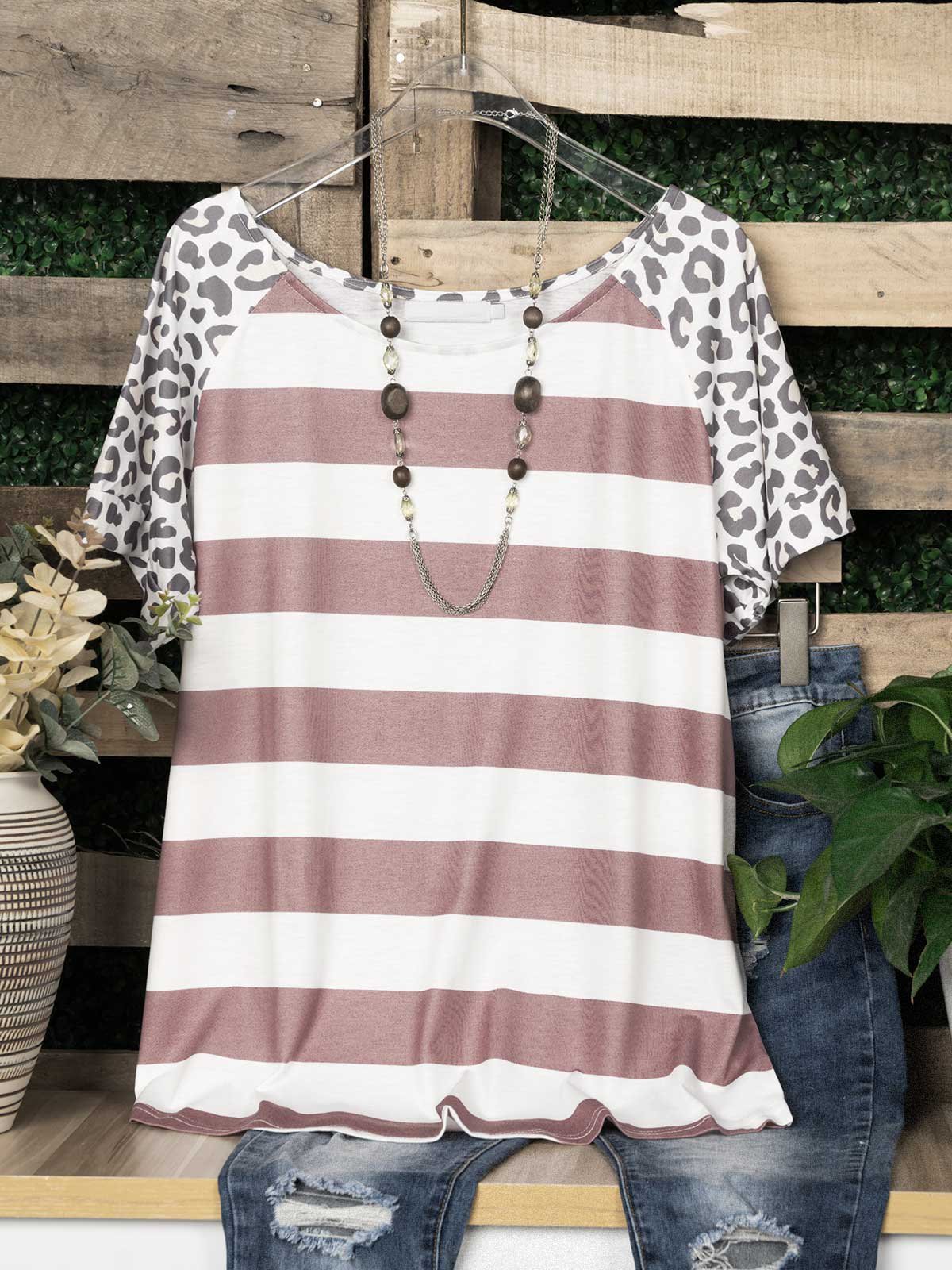 Red Leopard Casual Crew Neck Cotton-Blend Shirts & Tops