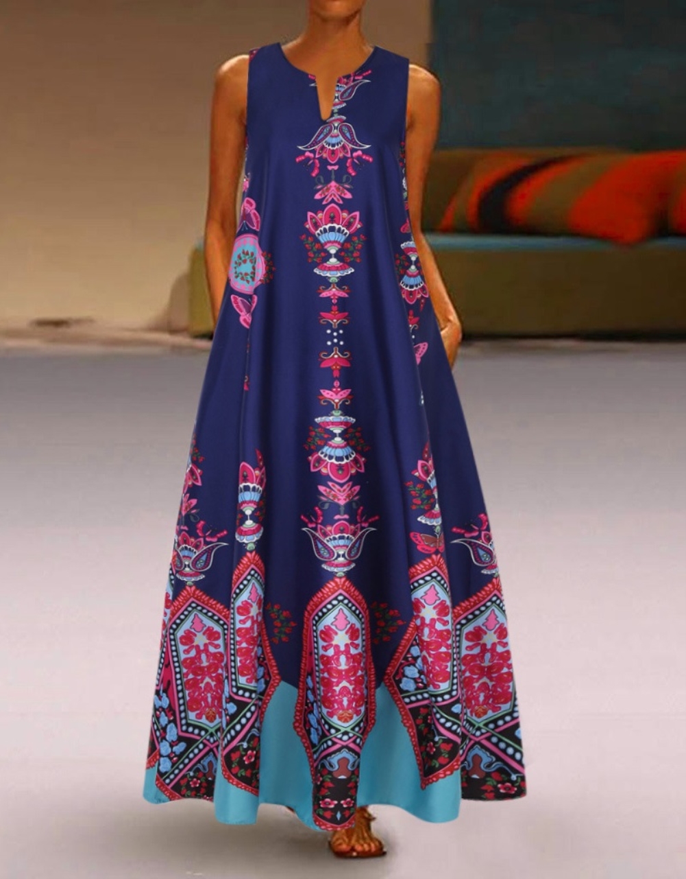 Retro Print Sleeveless Long Boho Dress