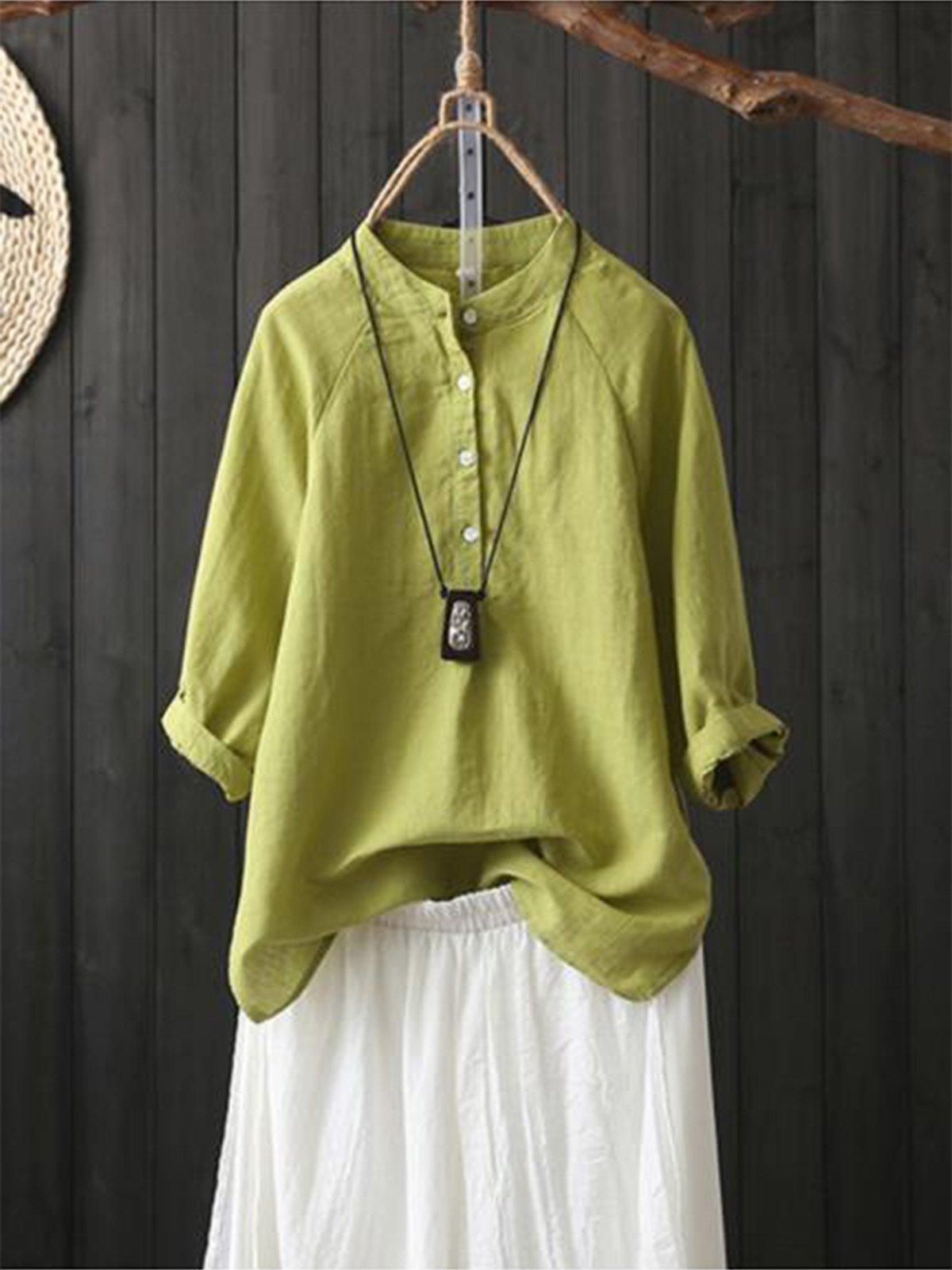 Solid Casual Shirt Collar Vintage Long Sleeve Shirts