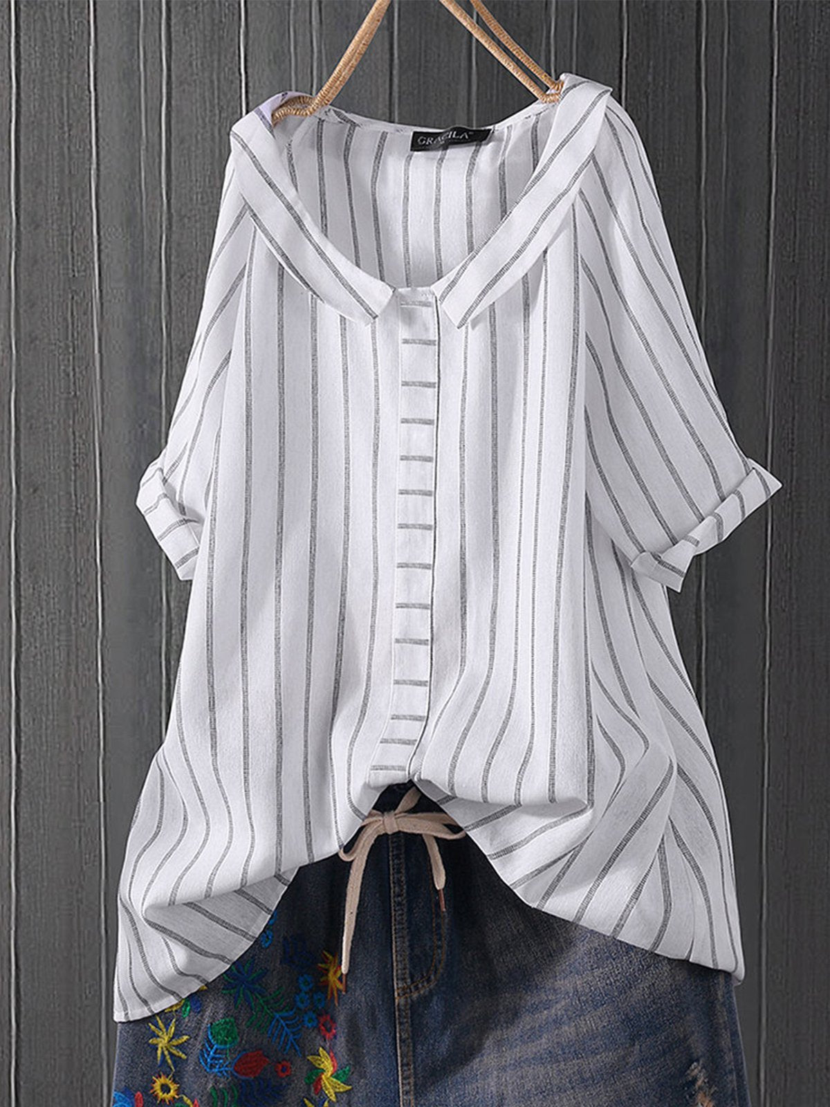 Sweet V Neck Half Sleeve Striped Shirts & Tops