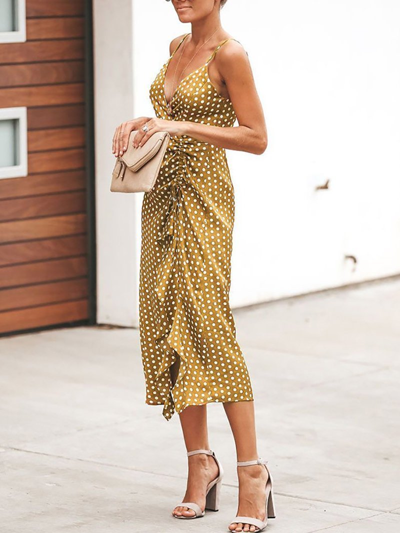 Sexy V Neck Polka Dot Sling Slit Bodycon Dresses