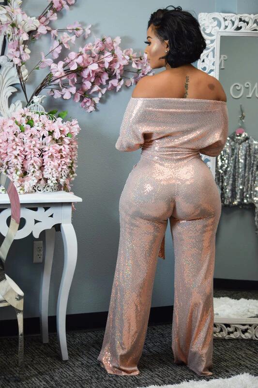 Summer Party Metallic Sexy O-Neck Loose Jumpsuit with Belt