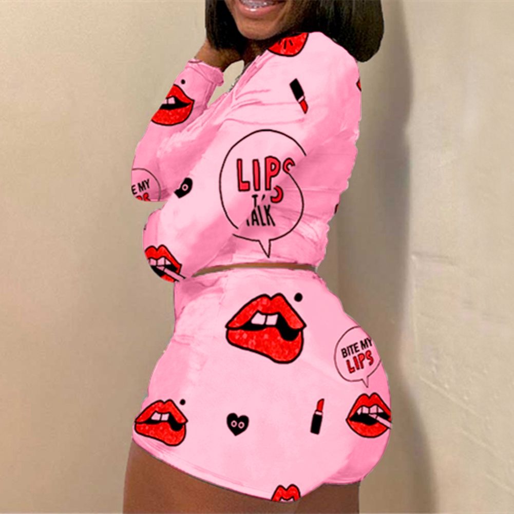 Lips Print Long Sleeve Crop Top and Shorts Set