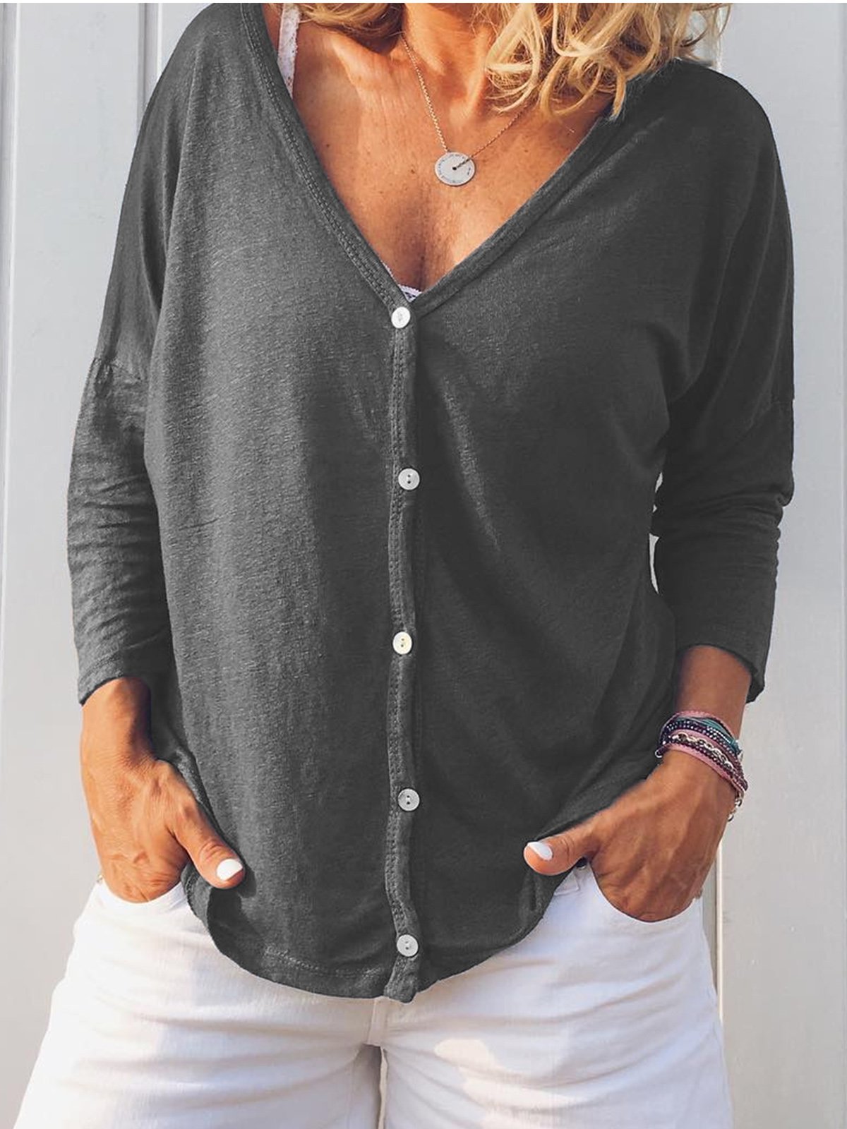 Long Sleeve Sweet Buttoned Cotton Shirts & Tops