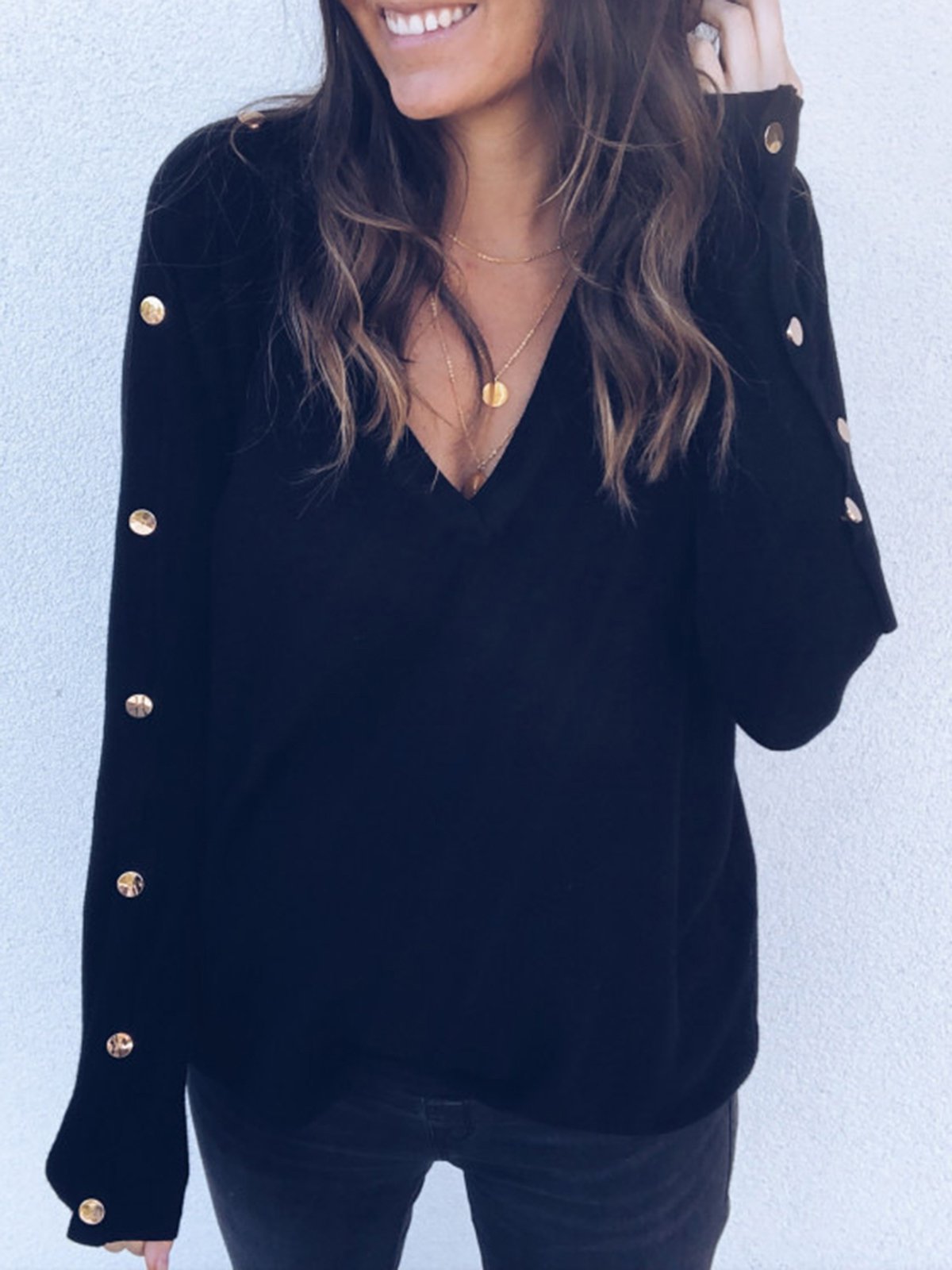 Buttoned Long Sleeve Vintage V Neck Sweaters