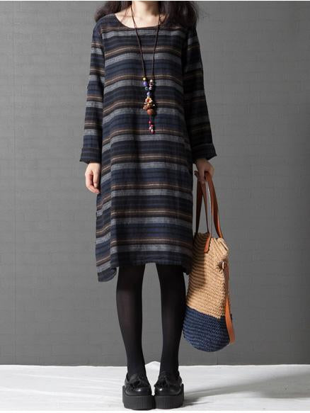 A-Line Women Solid Crew Neck Casual Loose Stripe Cotton Dress