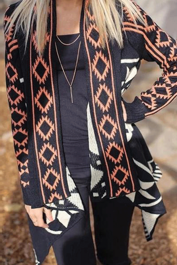 European And American Printing Irregular Hem Cardigan