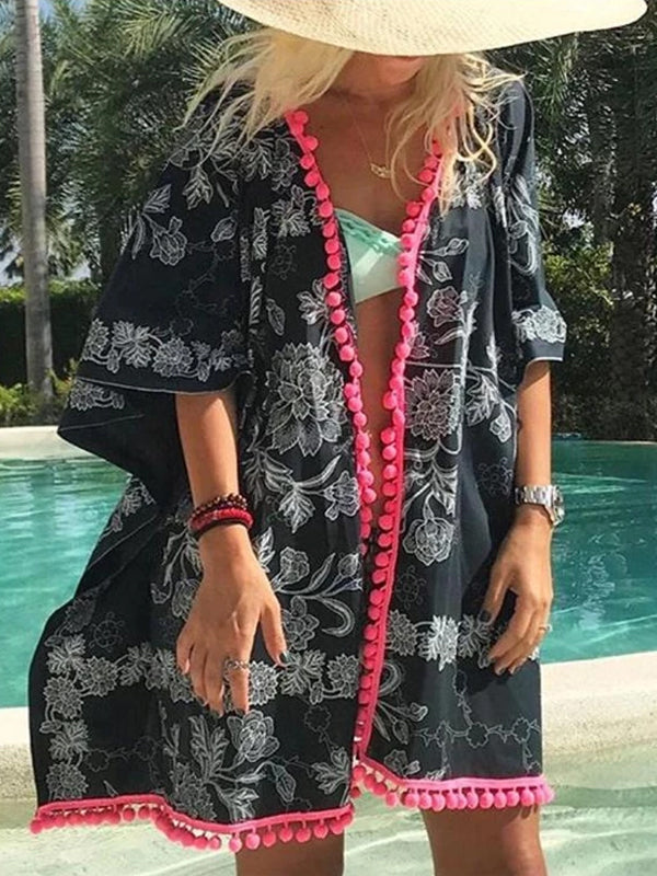 Bohemian Print Stitching Bat Sleeve Cardigan