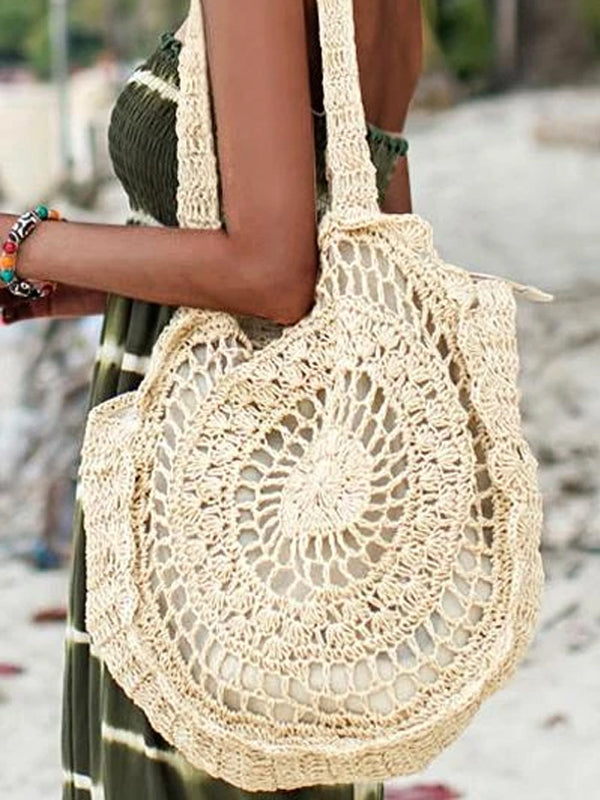 Women's Floral Handmade Zipper Woven Straw Tote Bag