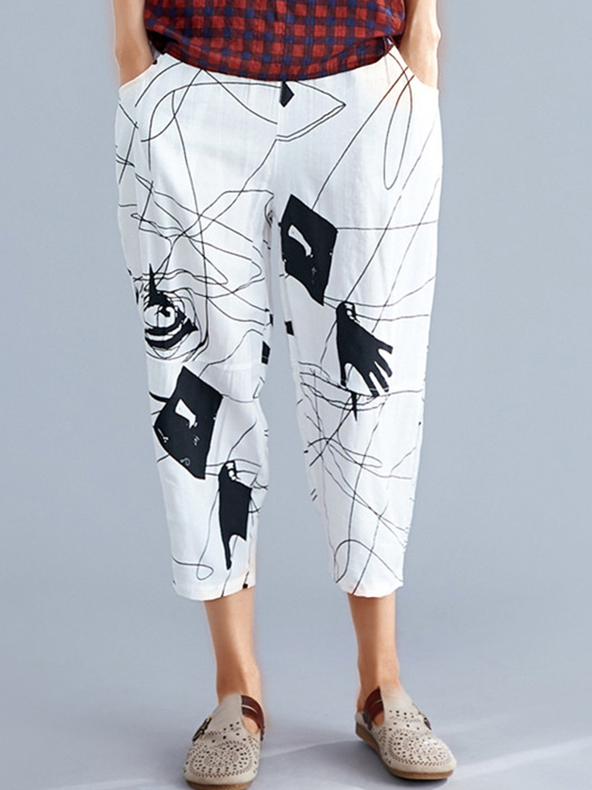 Plus Size Women Vintage Printed Casual Pants