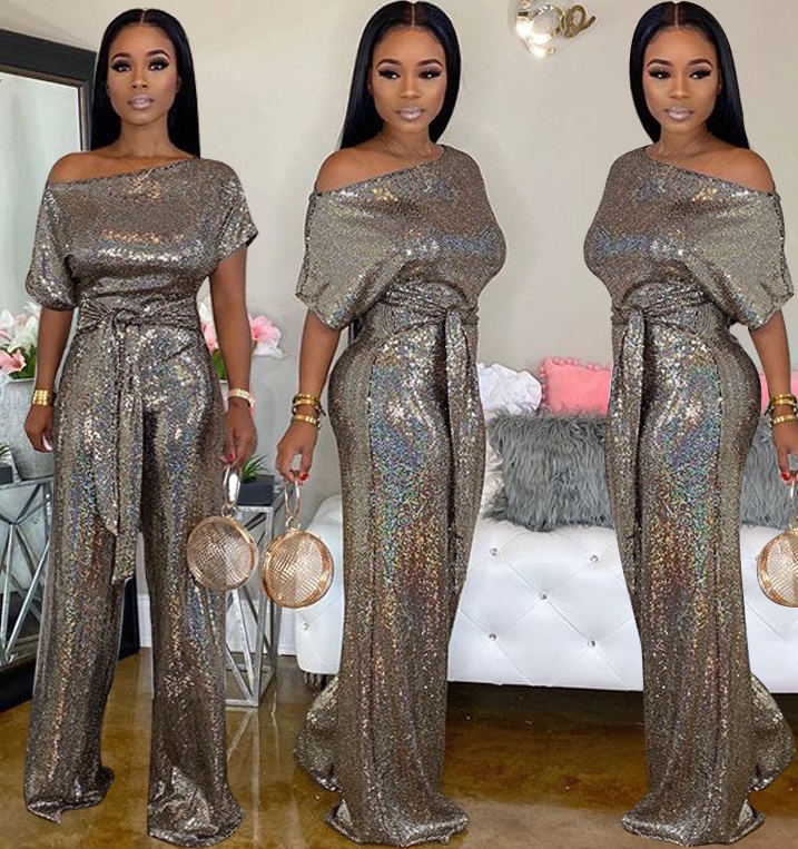 Summer Party Metallic Sexy O-Neck Loose Jumpsuit with Belt