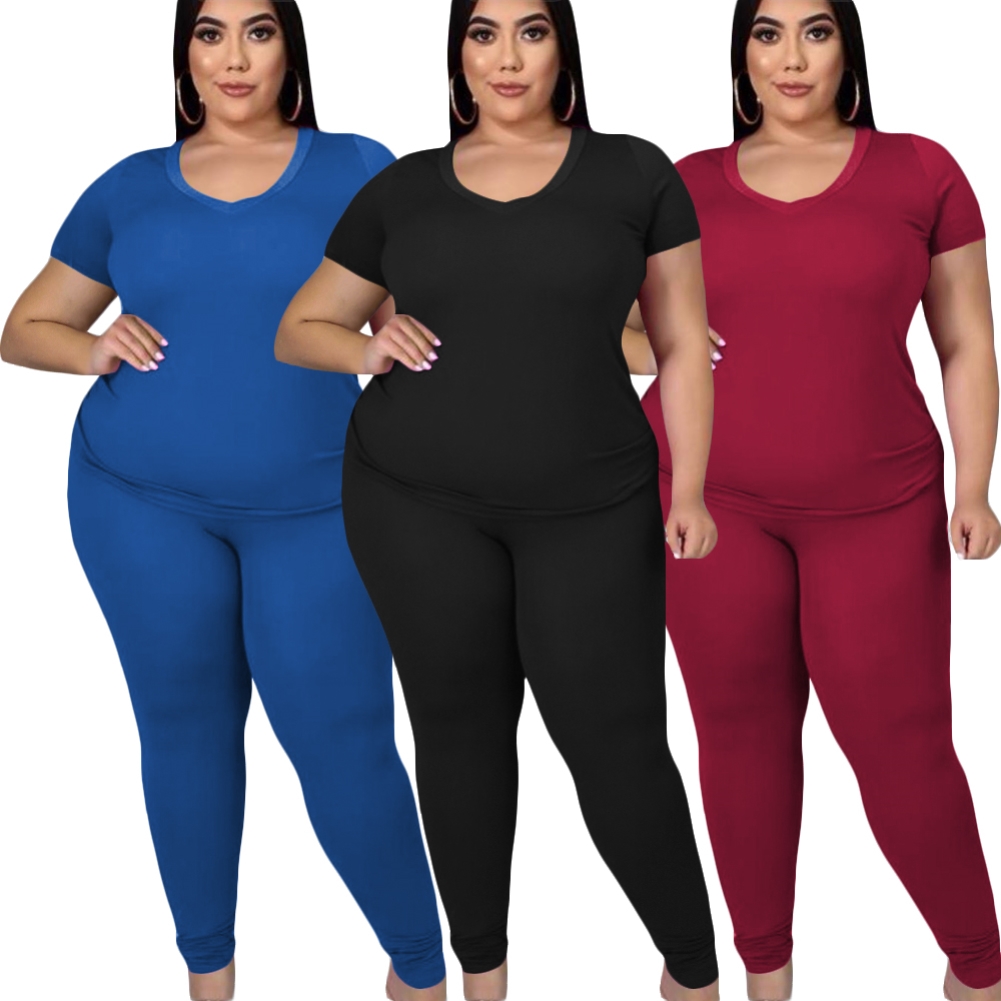 Plus Size Summer Plain wo Piece Pants Set