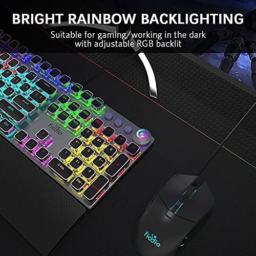 Fiodio Mechanical Gaming Keyboard, LED Rainbow Gaming Backlit, 104 Anti-ghosting Keys, Quick-Response Black Switches, Multimedia Control for PC and Desktop Computer, with Removable Hand Rest