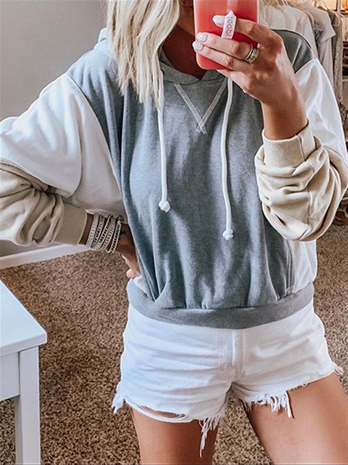 Blue Casual Autumn Cotton Hoodie Top