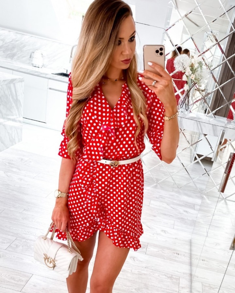 Autumn Polka Print Ruffles Wrapped Dress