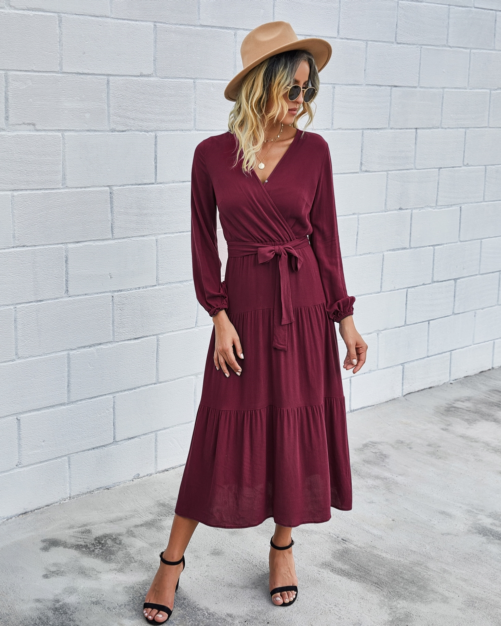 Western Long Sleeve Wrapped Solid Long Dress