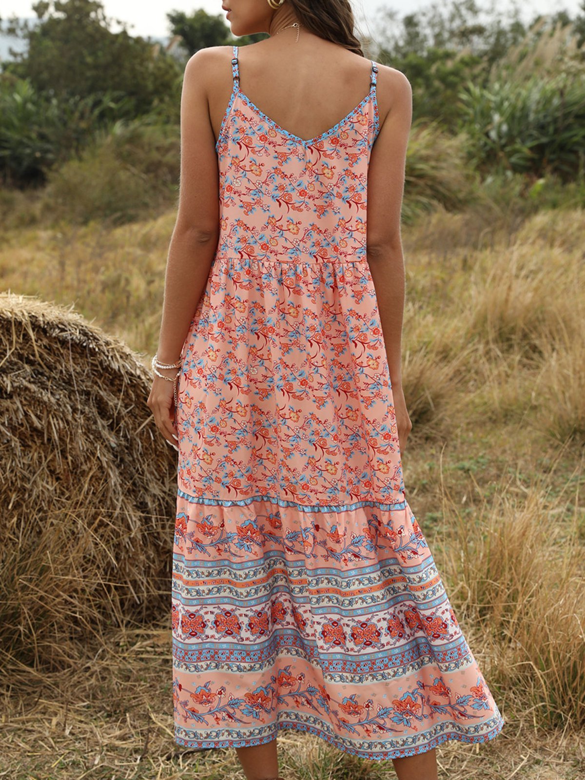 Pink Printed V-Neck Boho Sleeveless Dresses
