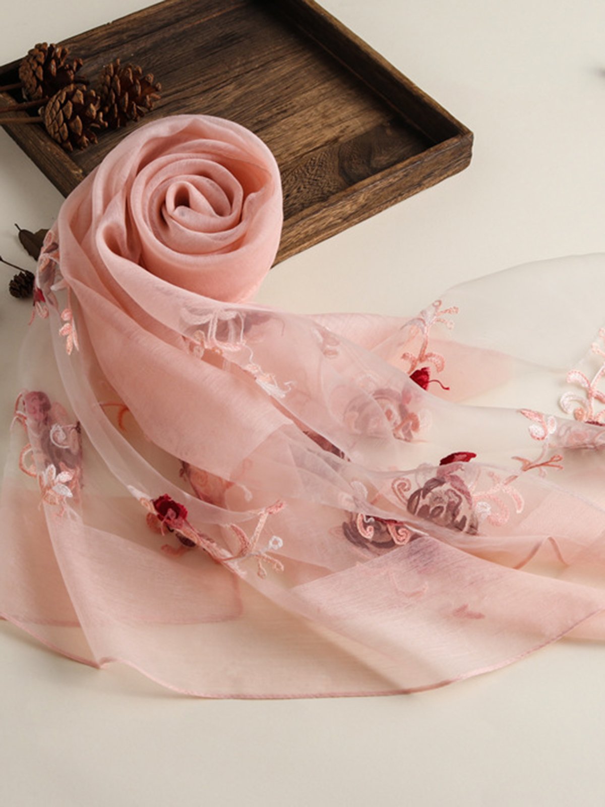 Summer Floral-Embroidered Silk-Blend Long Women Scarf