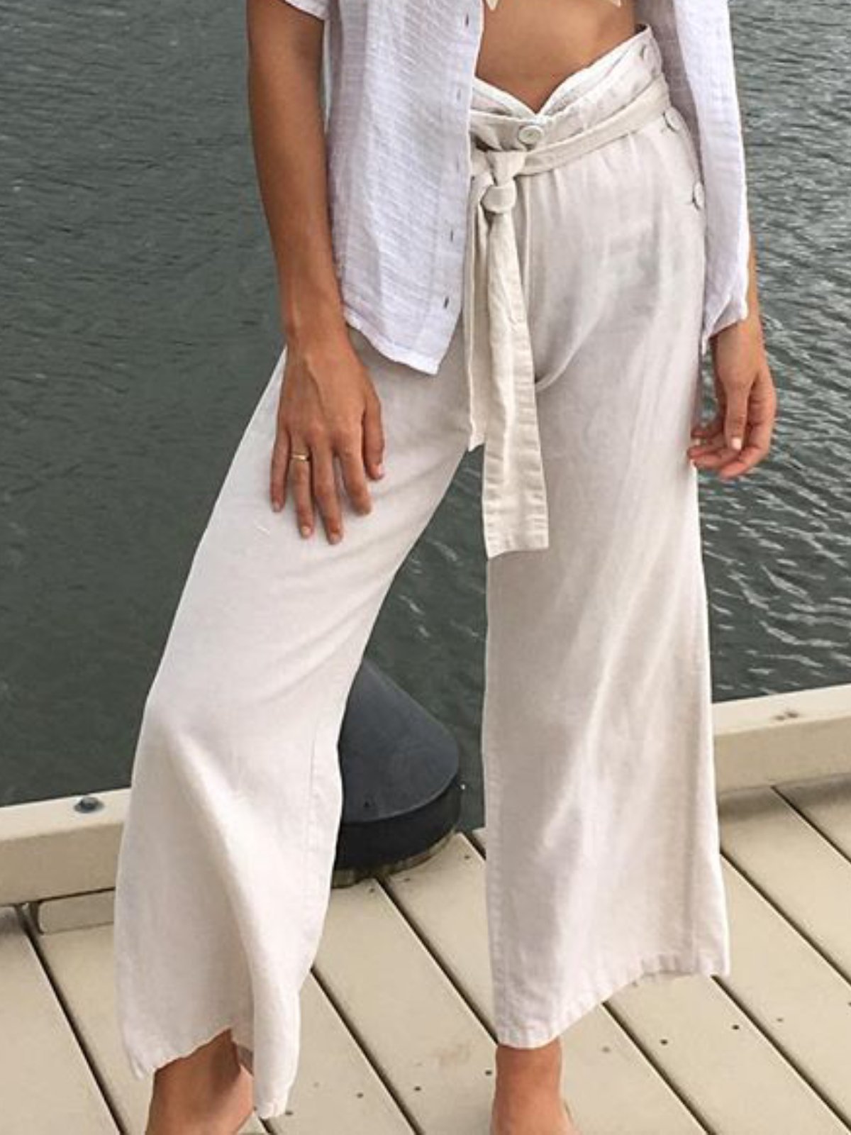 White Holiday Solid Cotton Buttoned Pants