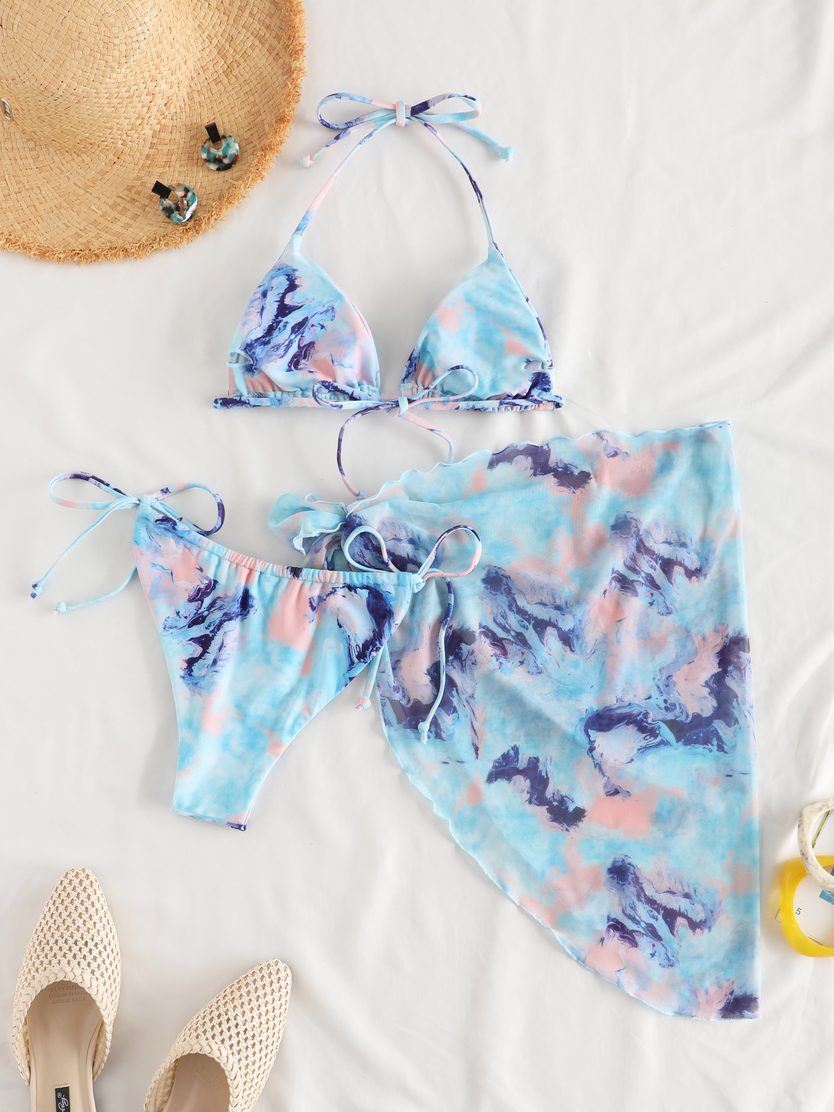Tie Dye Three-Piece Halter Bikini Swim Suit
