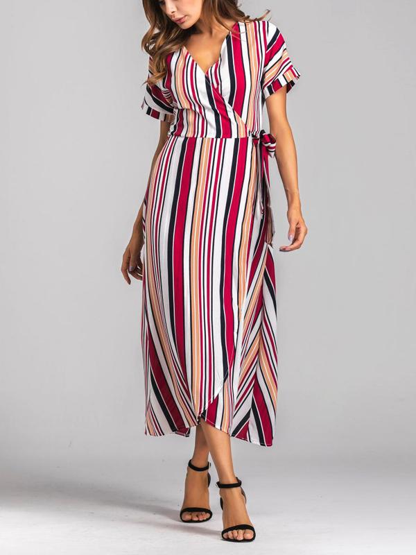 Rainbow Multicolor Stripes Beach Swing V-Neck Maxi Plus Size Dress
