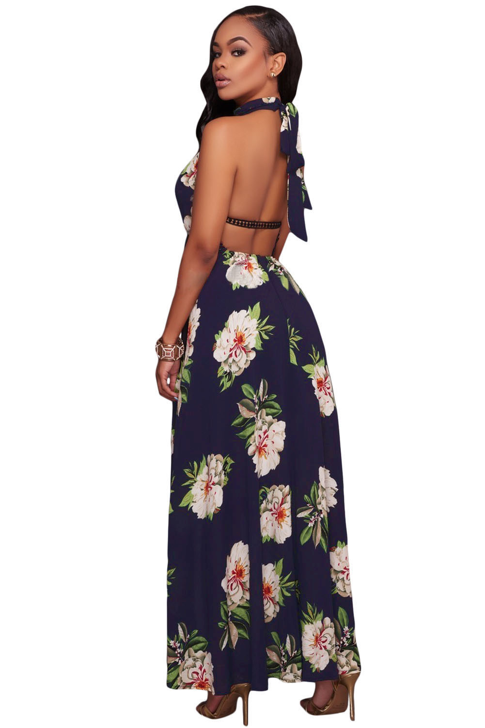 Dark Blue Floral Print High-low Halter Maxi Boho Dress