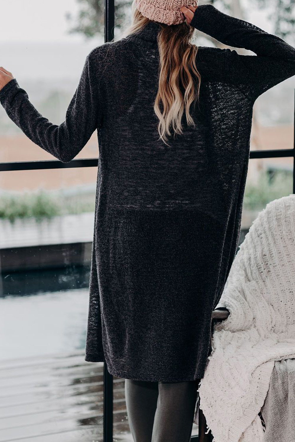 黑色休闲口袋宽松舒适长款针织开衫