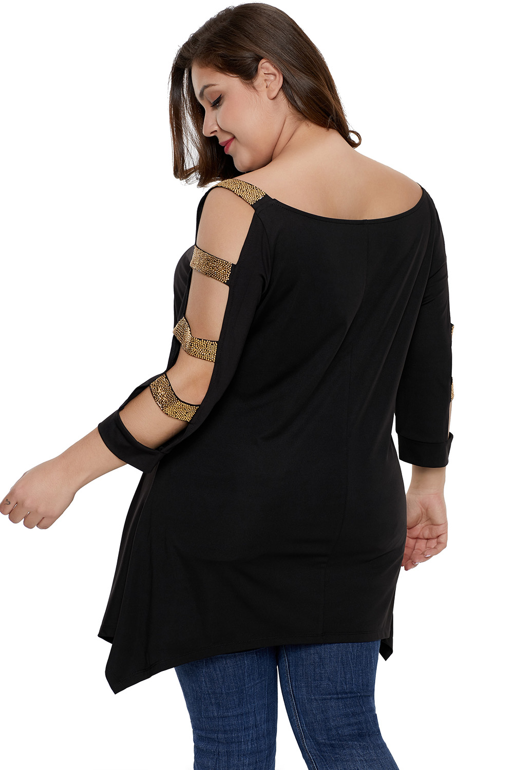 Black Plus Size Rhinestone Cutout Sleeve Top
