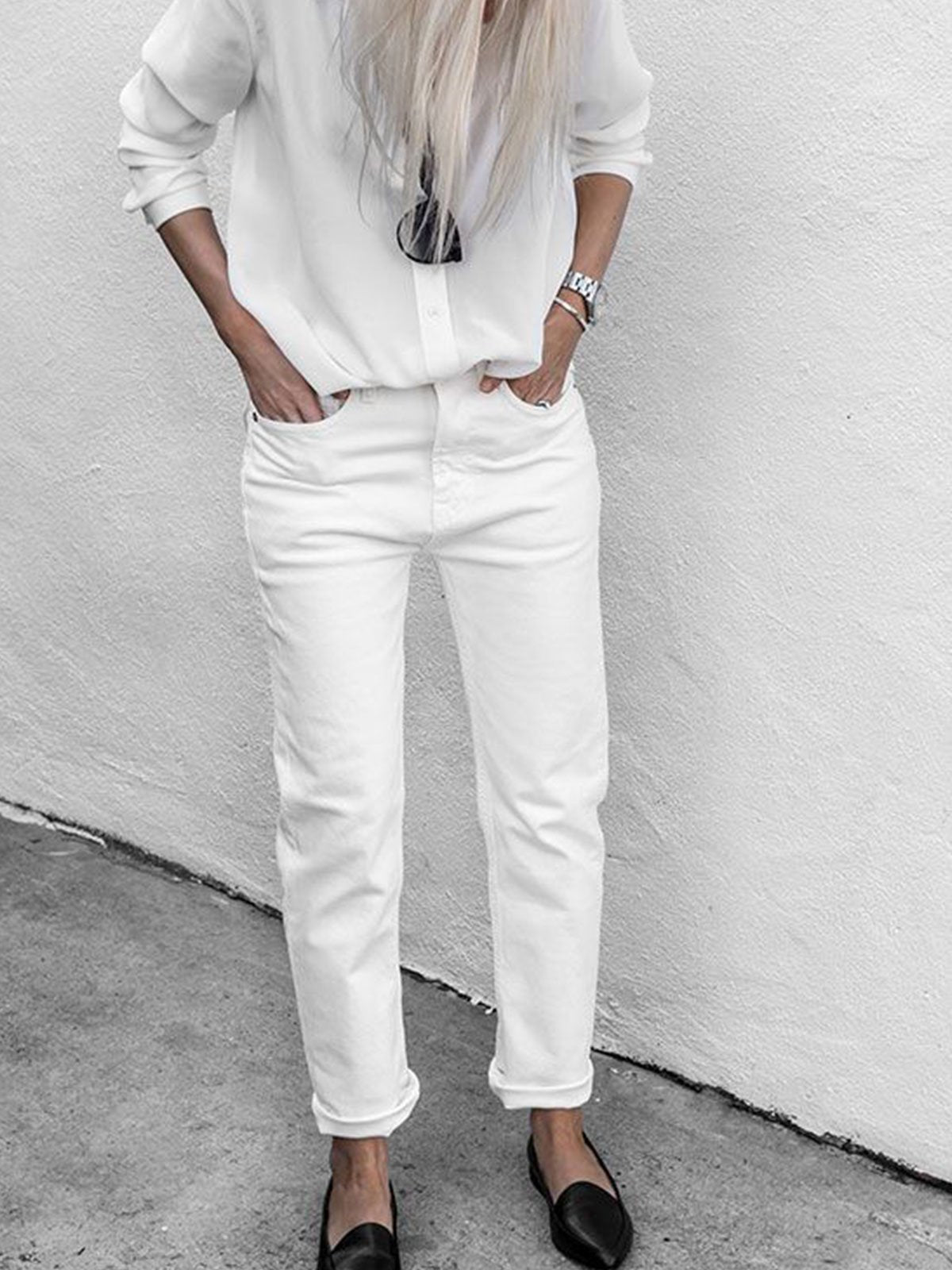 Cotton-Blend Solid Casual Pants