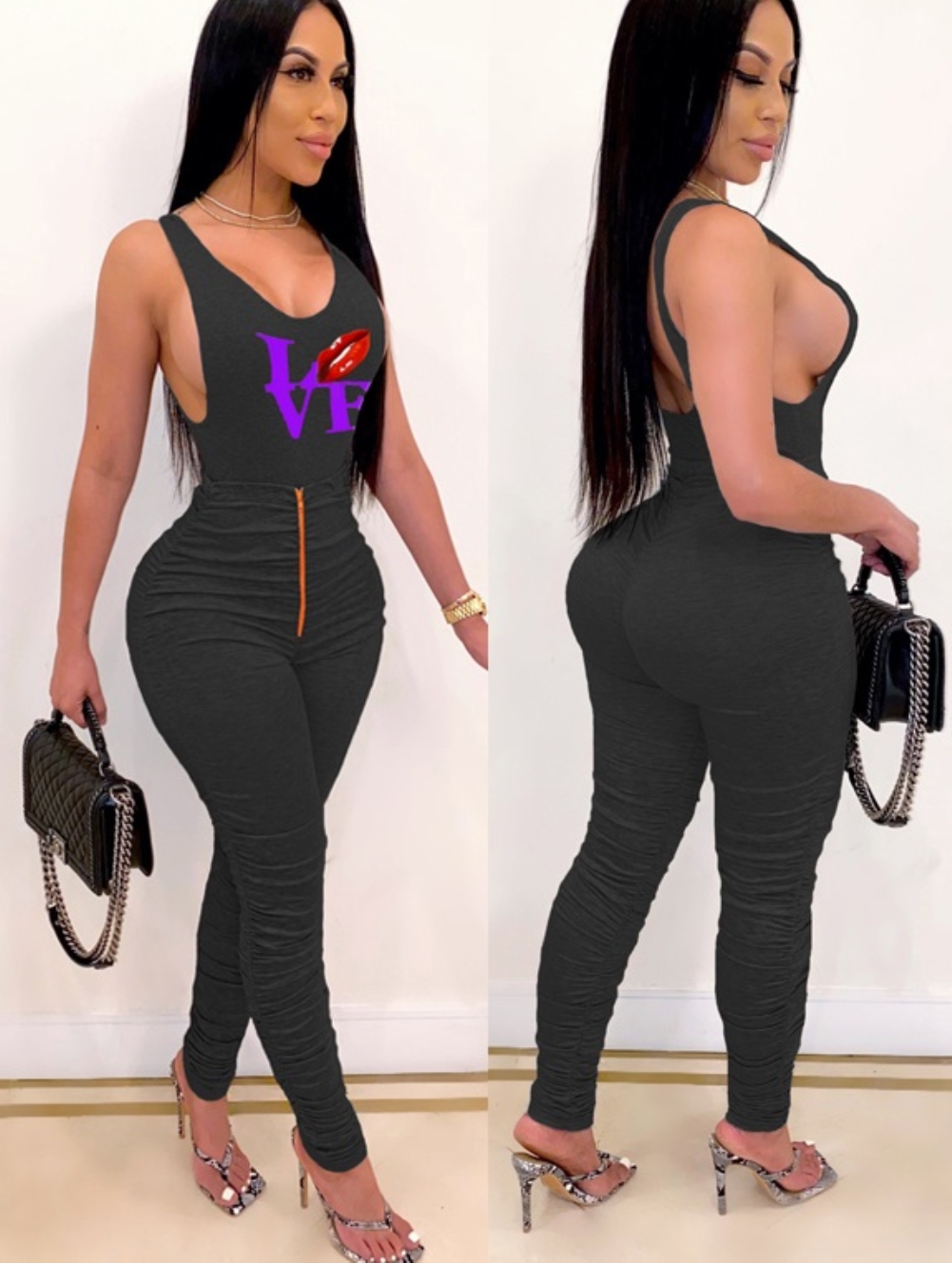 Sexy Lips Print Two Piece Stacked Pants Set