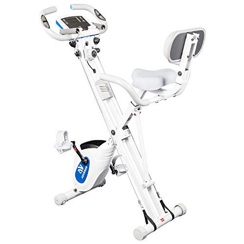 ADVENOR Exercise Bike Magnetic Bike Fitness Bike Cycle Folding Stationary Bike Arm Resistance Band- White & Blue