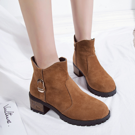 Brown Zipper Business Chunky Heel Suede Boots