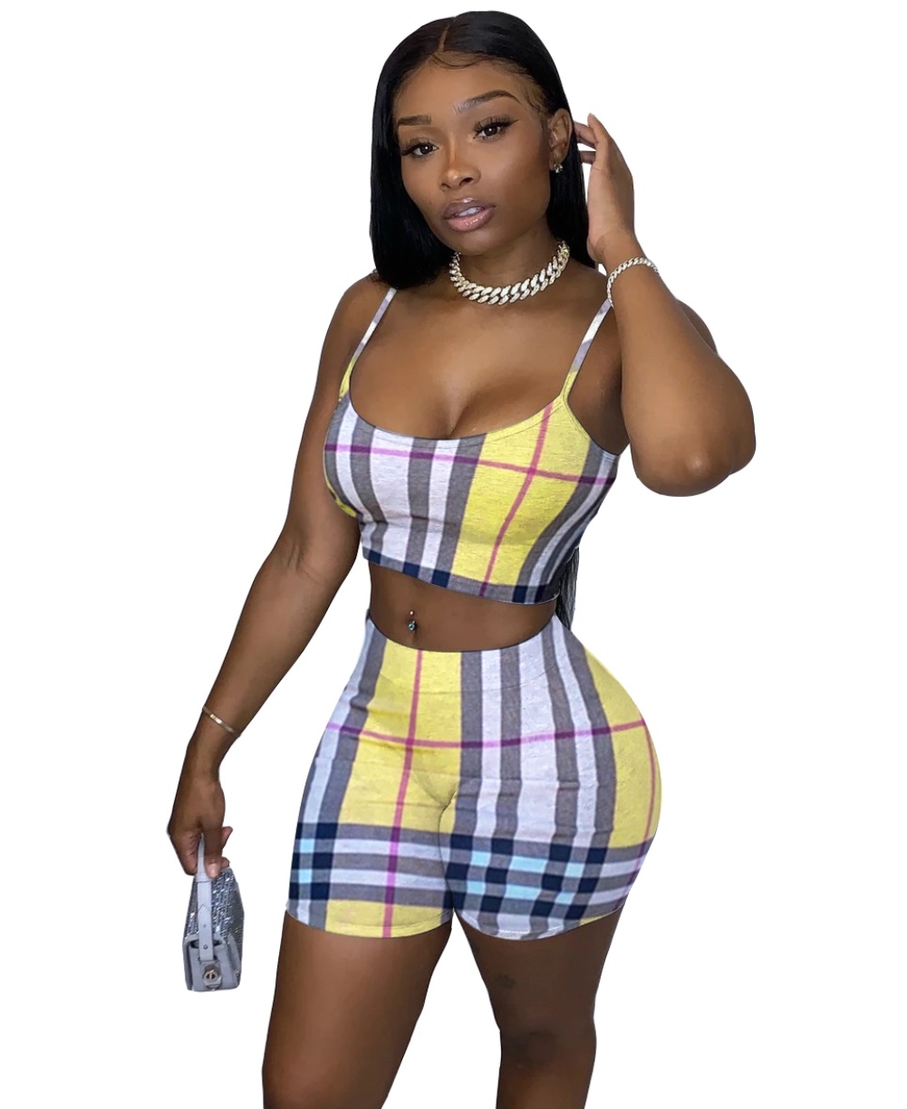 Plaid Print Sexy Strap Crop Top and Biker Shorts Set