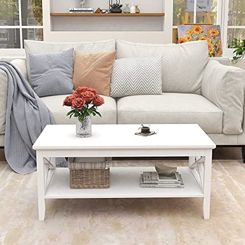 ChooChoo Coffee Table Classic X Design for Living Room with Storage Shelf / 39 Inch