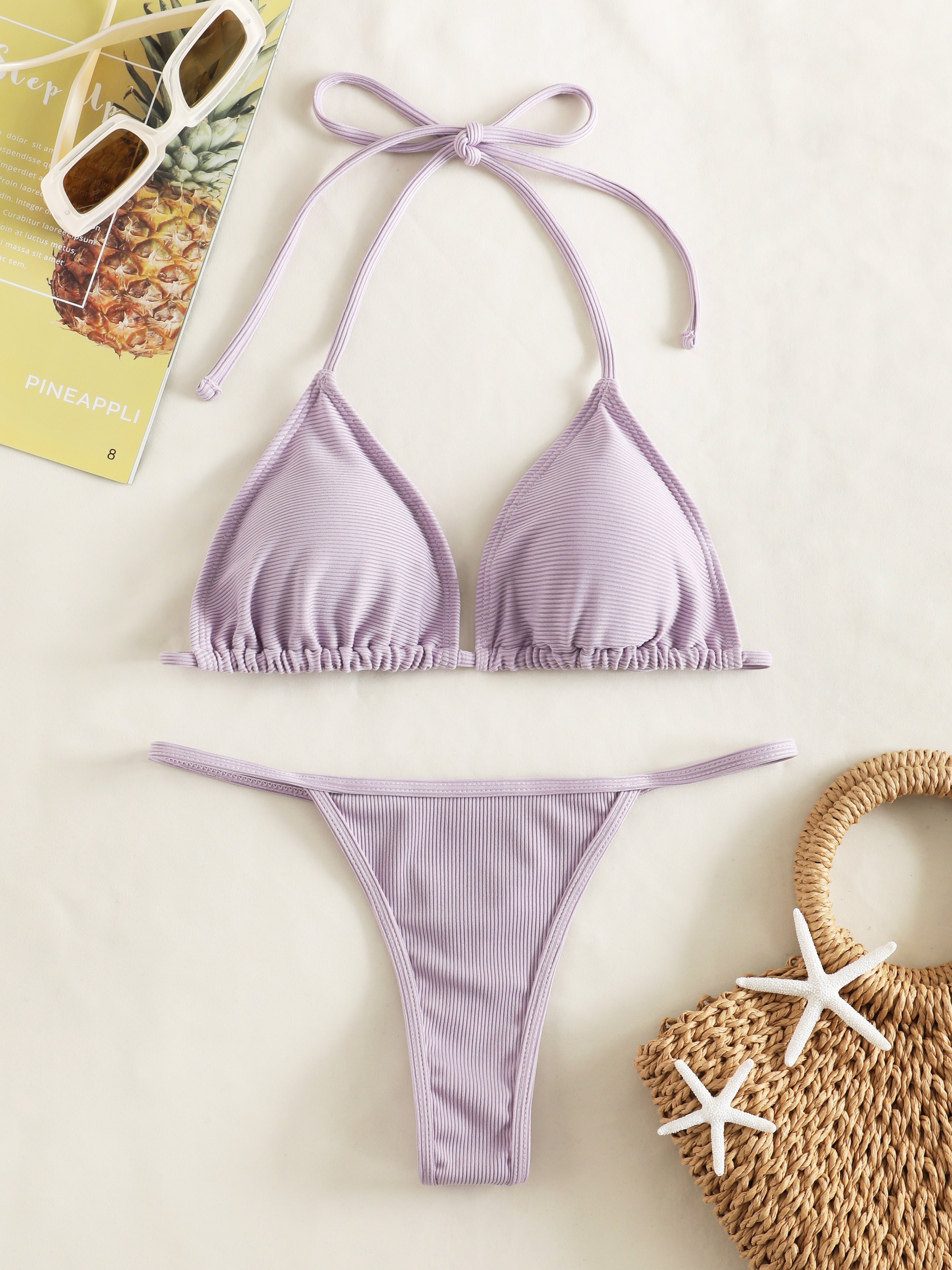 Solid Ribbed Thong Halter Bikini