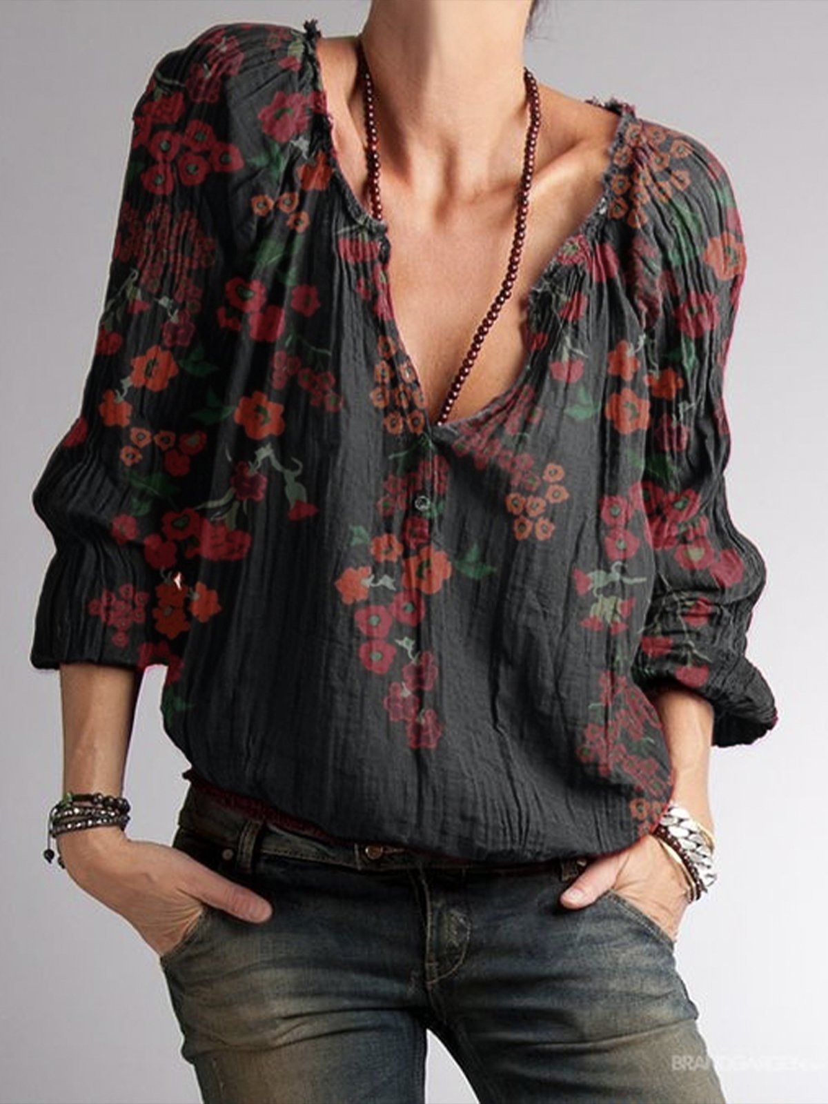 Black Floral Cotton-Blend V Neck Casual Shirts & Tops