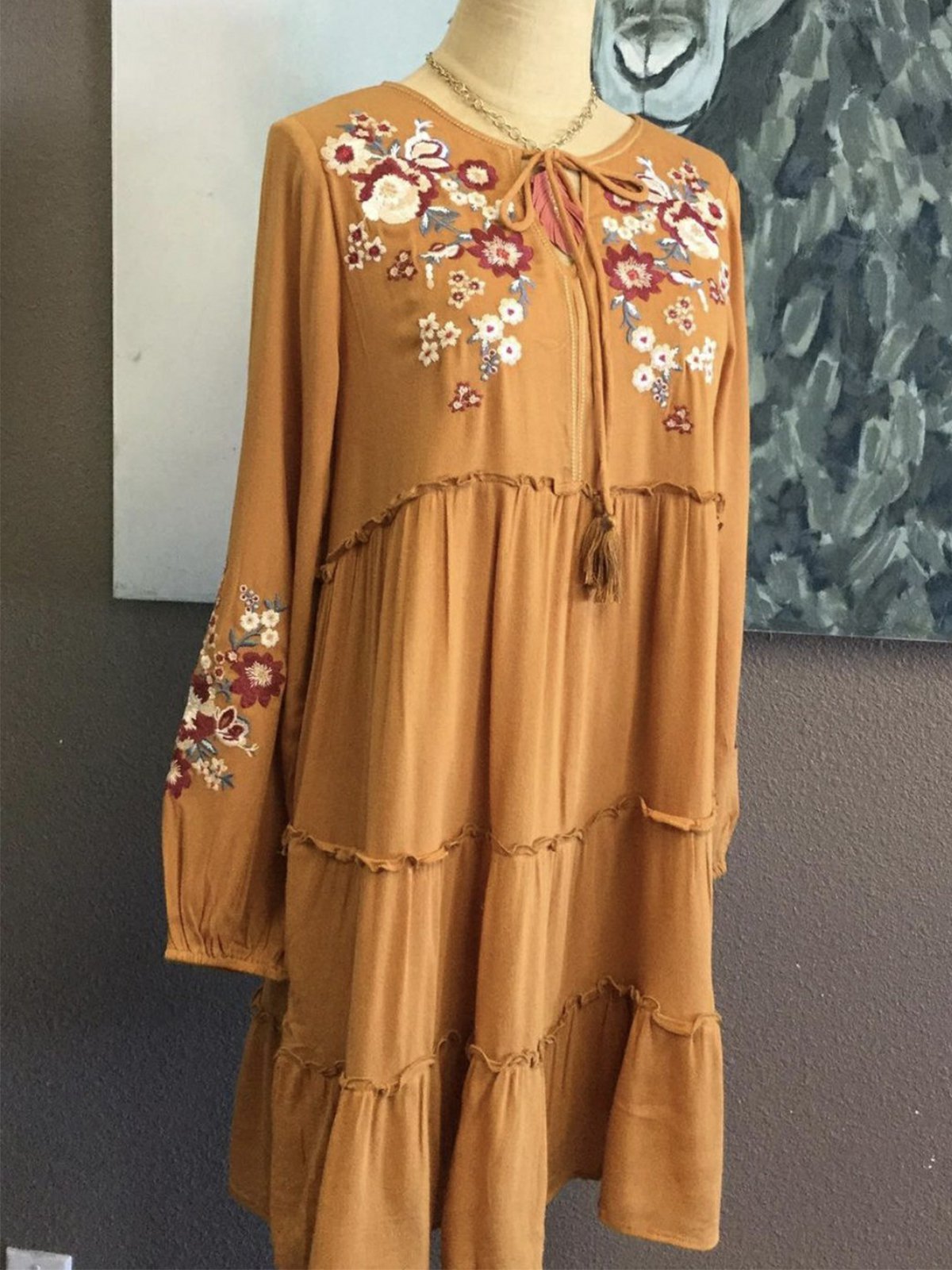 Boho Romantic Crew Neck Sweet Floral-Print Long Sleeve Dresses