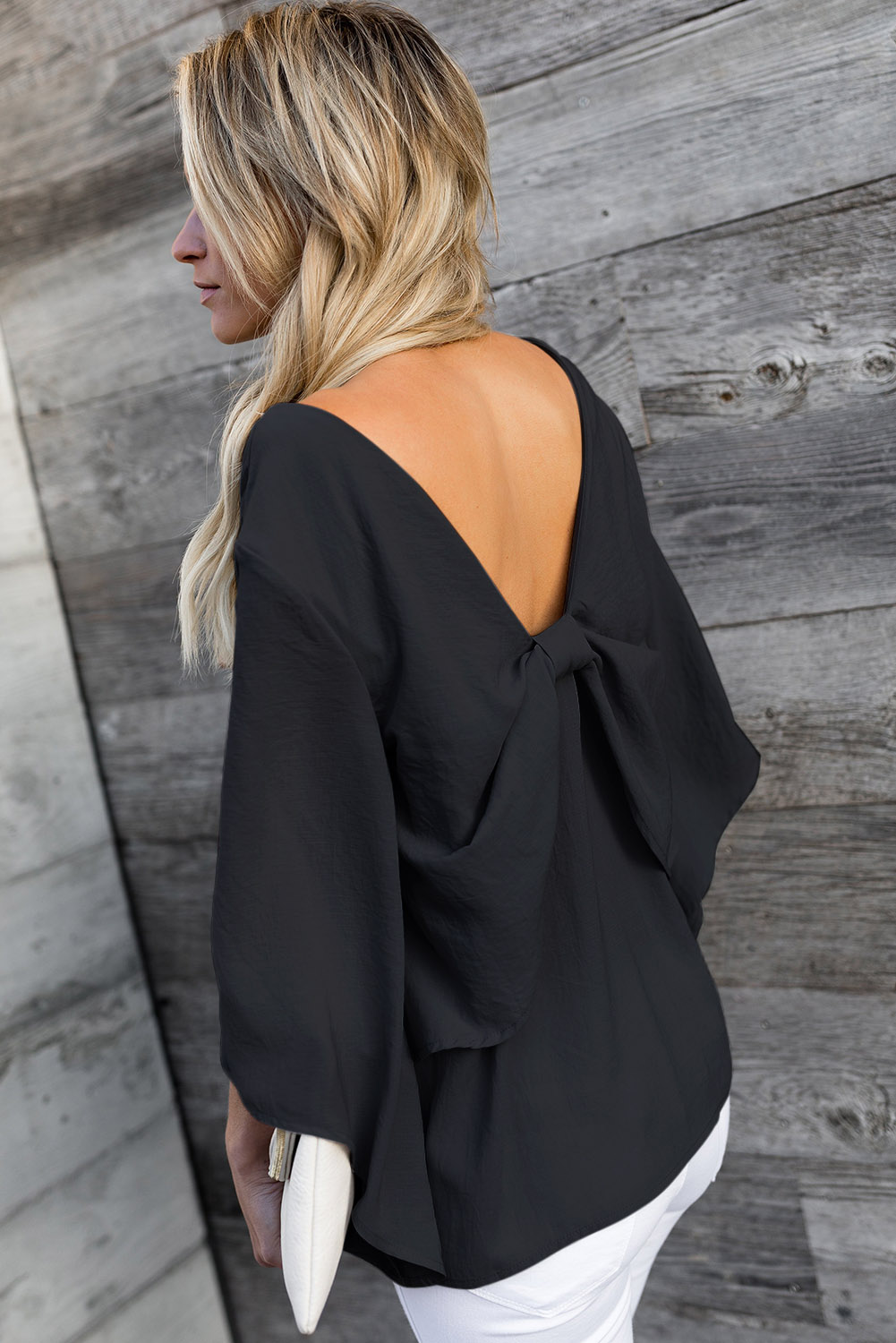 Black V-Neck Bowknot Three-Quarter Sleeve Blouse