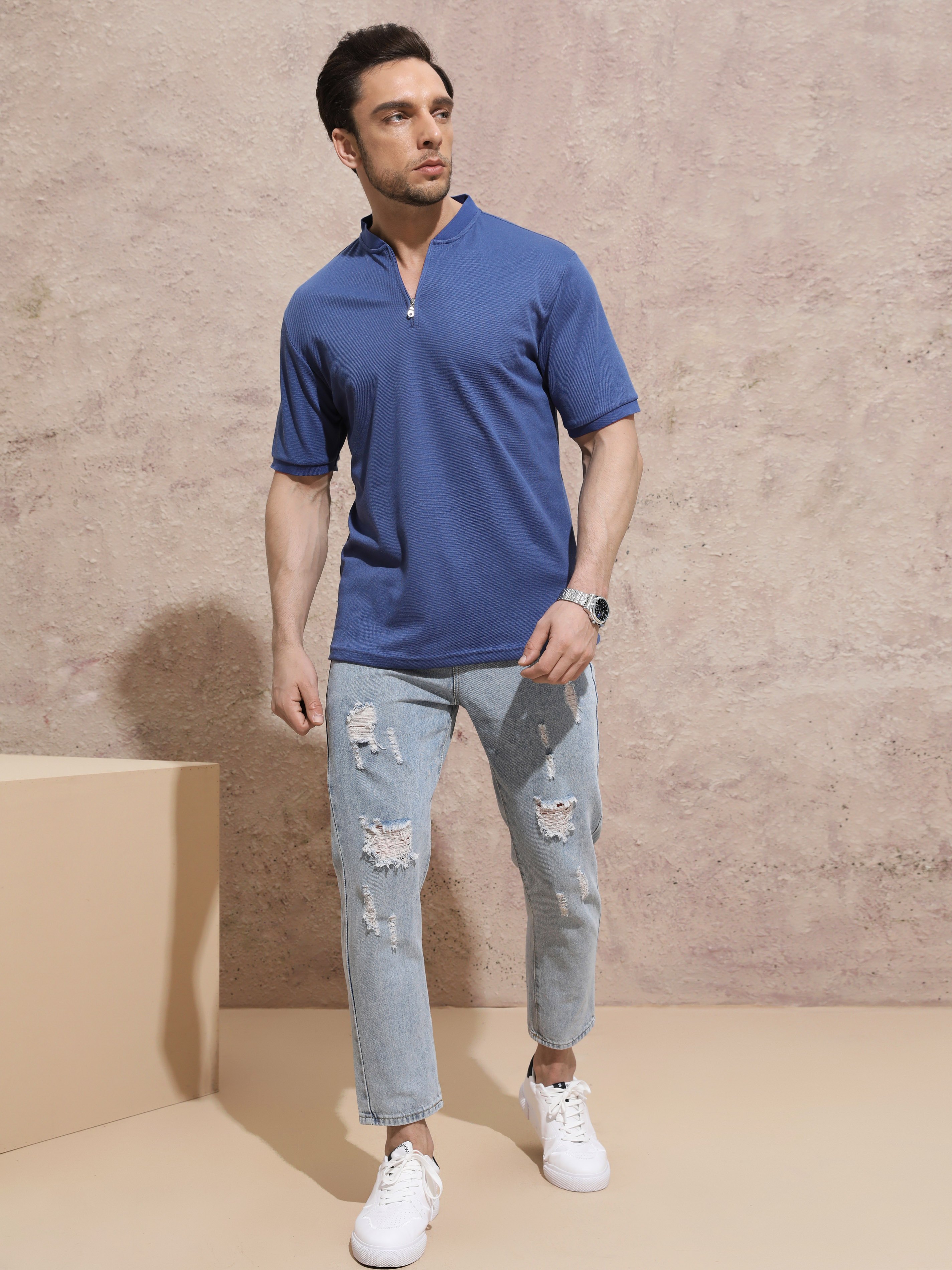 Men's Solid Half Zip Polo Shirt