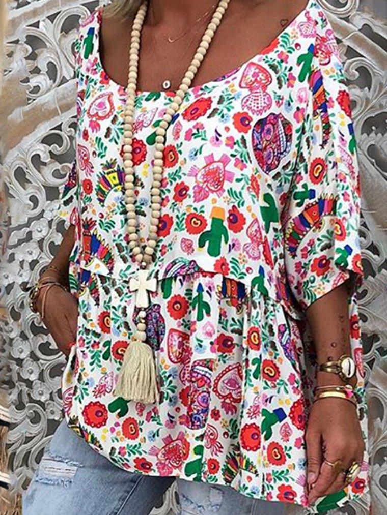 Floral Half Sleeve Causal Tops