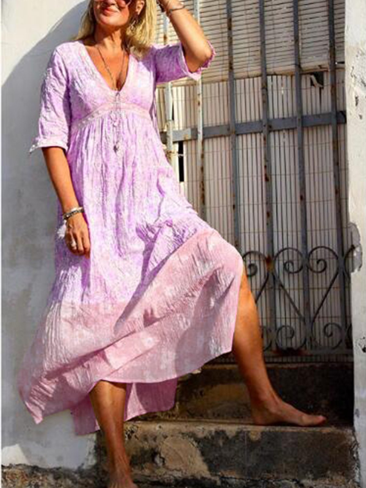 Pink Printed V Neck Boho Dresses