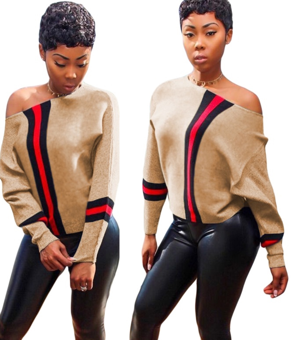 Bat Sleeving Stripes Long Sleeve Shirt with Slash Shoulder