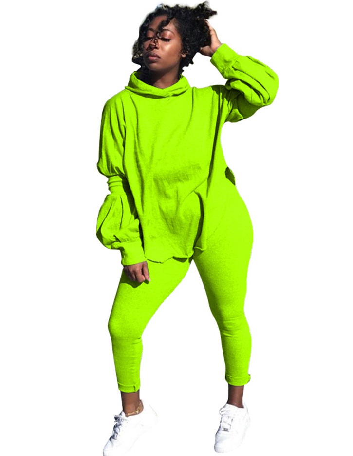 Autumn Solid Plain Matching Casual Hoody Top and Pants Set