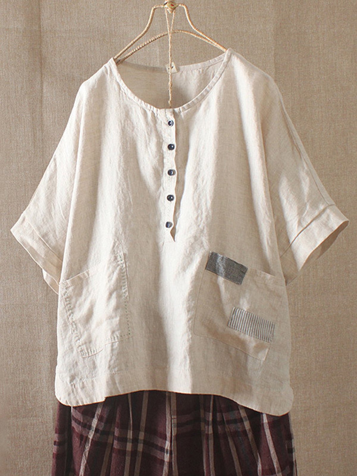 Vintage Button Short Sleeve Patch Pockets Blouse