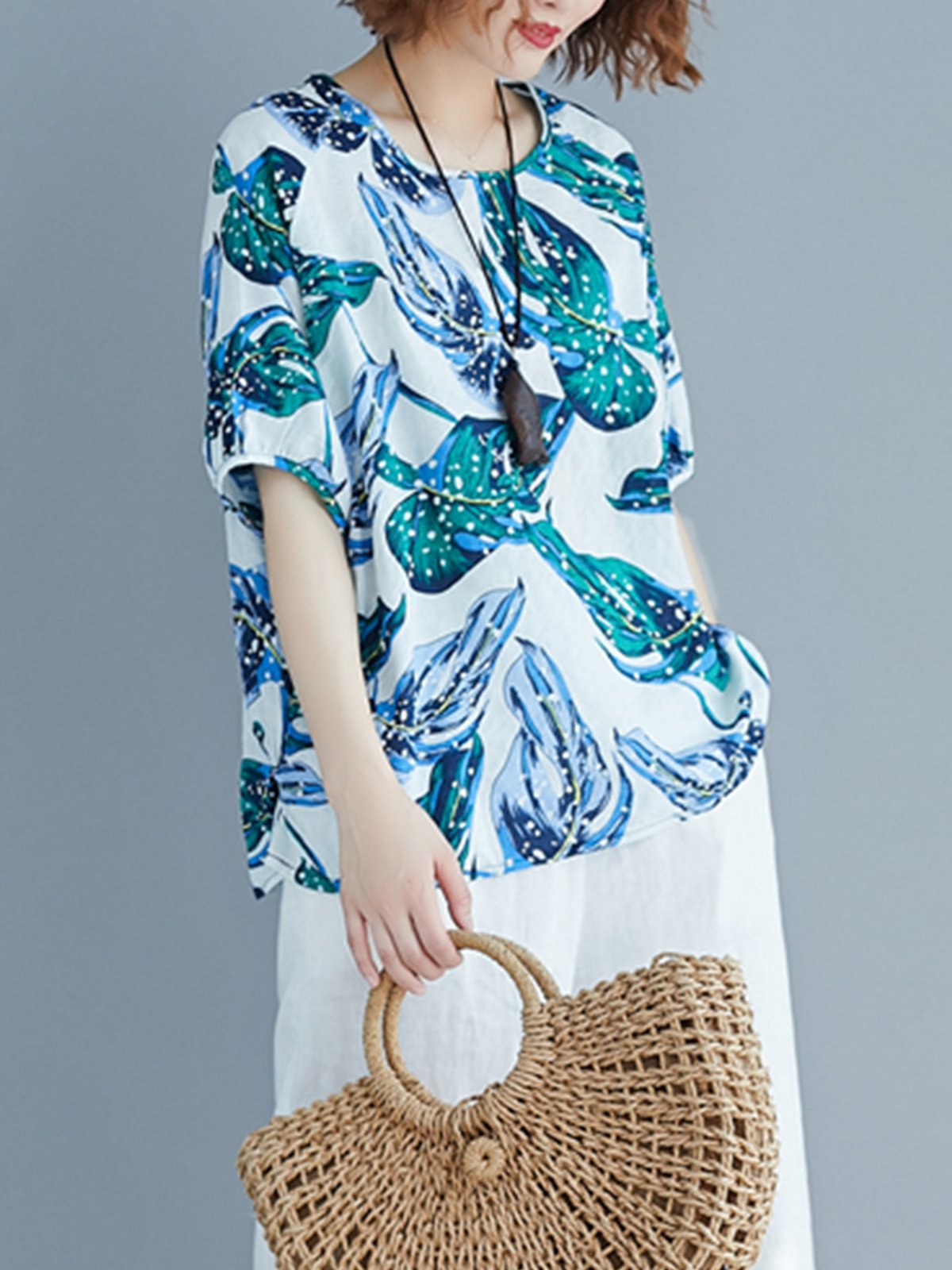 Women Short Sleeve Round Neck Vintage Floral Casual Tops