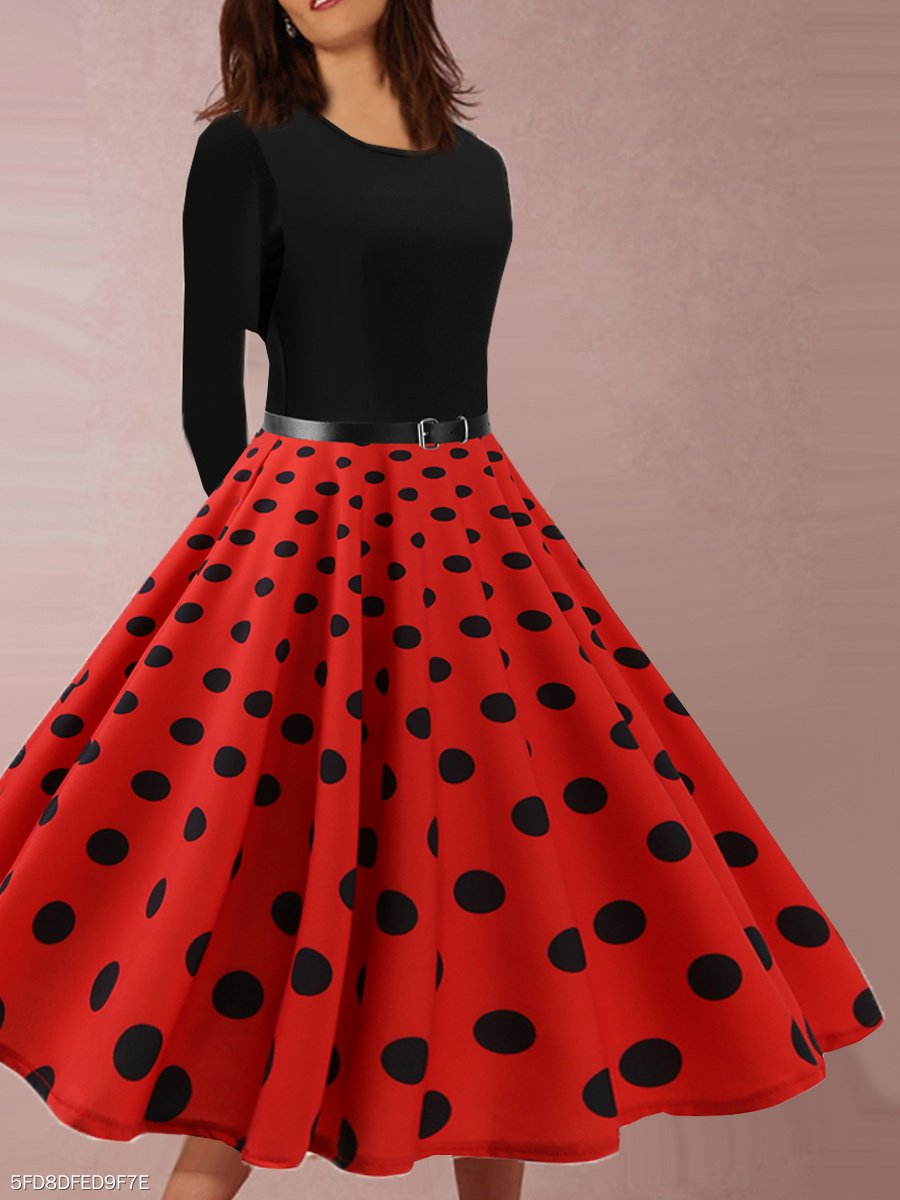 Vintage Black Dots Print Patchwork Long Sleeve Evening Gowns Dresses