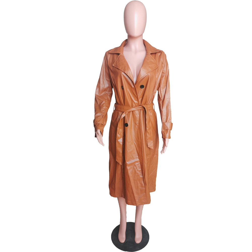 Winter Khaki Leather Long Coat with Matching Belt