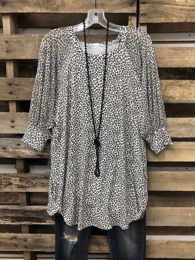 Leopard 3/4 Sleeve O-Neck Shirts & Tops