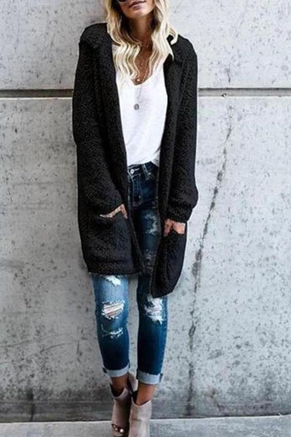 Mid-Length Knit Cardigan Solid Color Plush Coat Outwear